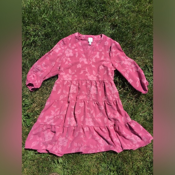 Joie Pink Floral Tiered Ruffle V-Neck 3/4 Bishop Sleeves Mini Sundress Size L - Picture 1 of 5